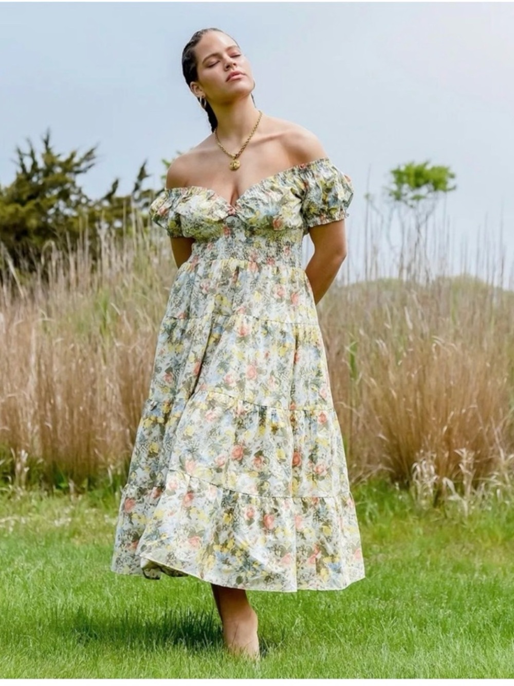 Danielle Bernstein Floral Poplin Midi Dress XL Puff Sleeve Smocked Waist